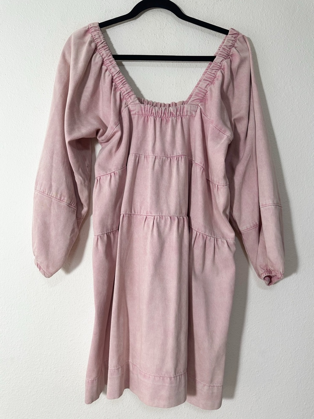 Free People Pink Wash Denim Dress Square Neckline Tiered
